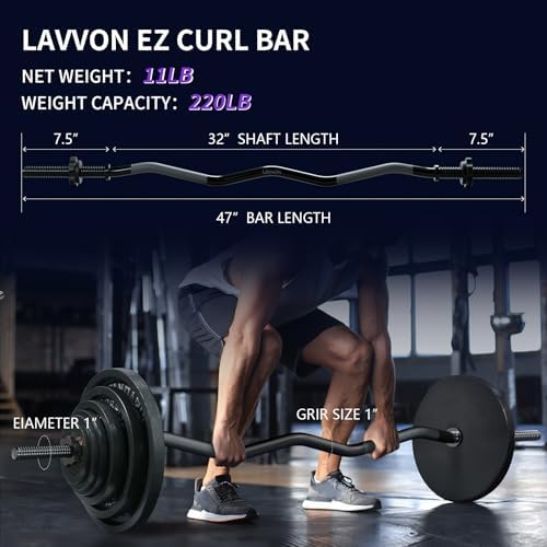EZ Curl Bar Weight Lifting Bar for Gym and Home, 47" 1-inch Diameter Curling Bars for Hip Thrusts/Squats/Lunges, 220lb W