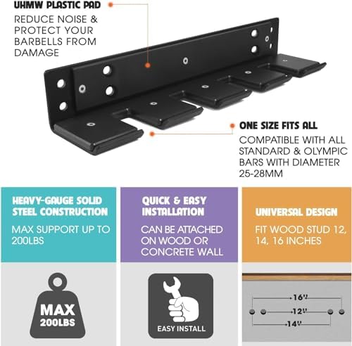 Yes4All Vertical Wall Mount Olympic Barbell Holder for Home Gym Storage | Yes4All Hanging Barbell Rack for Home Fitness