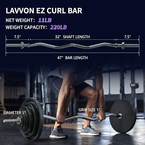 EZ Curl Bar Weight Lifting Bar for Gym and Home, 47" 1-inch Diameter Curling Bars for Hip Thrusts/Squats/Lunges, 220lb W