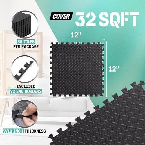 Yes4All Interlocking Exercise Foam Mats for Home Gym – Black – 36 Square Feet (36 Tiles) Yes4All Interlocking Floor Ma