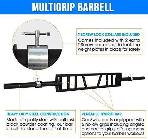 Yes4All Multi Grip Barbell & Cable Attachment - Swiss Bar, American Bar for Greater Range of Motion, Fits Olympic Weight