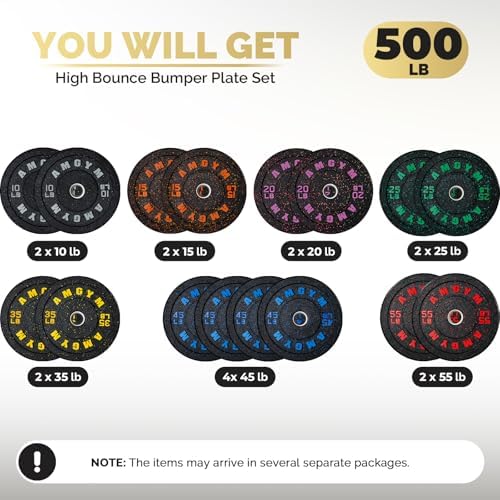 2 Inch Bumper Plates, 10-500lbs, Barbell Rubber Olympic Weight Plates Set for Home Gym, Strength Training & Weight Lifti