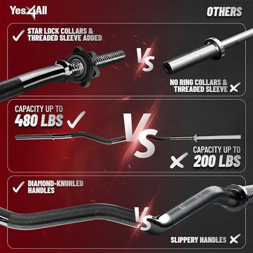 Yes4All 60 Inch Standard Straight Barbell & EZ Curl Bar - Fitness Equipment for Home Gyms & Commercial Use - Heavy Duty