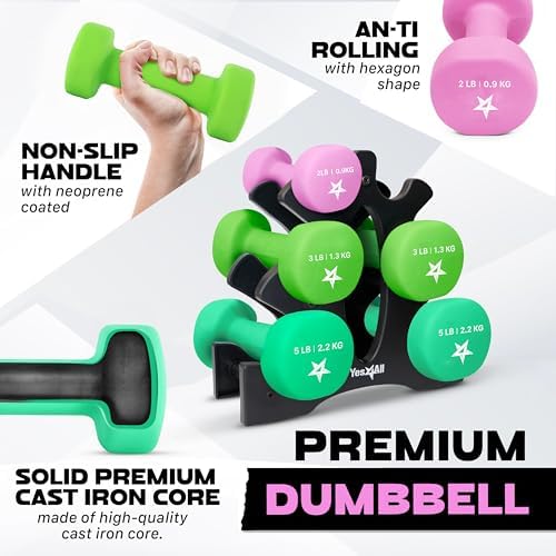 Yes4All Neoprene Coated Dumbbell Hand Weights for Home Workout - Multiple Weight Options with 15 Colors, Anti-Roll, Ant