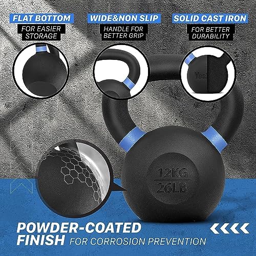 Yes4All 9lb to 71lb Powder Coated Cast Iron Kettlebells - Strength Training Equipment for Home Gym Conditioning - Heavy
