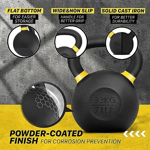 Yes4All 9lb to 71lb Powder Coated Cast Iron Kettlebells - Strength Training Equipment for Home Gym Conditioning - Heavy