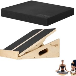 Yes4All 2in1 Wood Slant Board & Balance Board + Balance Pad XL Black for Physical Therapy & Yoga