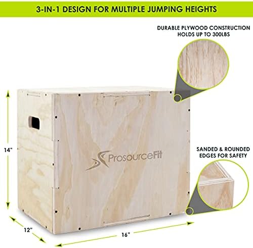 ProsourceFit 3-in-1 Wood Power Grip Non-Slip Plyometric Jump Box for Crossfit Enthusiasts, Home Gym Use, Black, 16L x 12