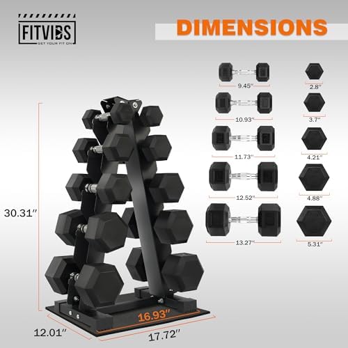 Fitvids Rubber Coated Hex Dumbbell Weight Set for Home Gym, 150LB Set, 5-25 Lbs Pairs, Portable Storage Included Fitvi