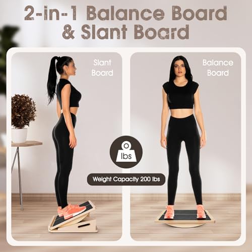2-in-1 Professional Wooden Balance Board & Slant Board, Adjustable Incline Board and Calf Stretcher, Stretch Board for A