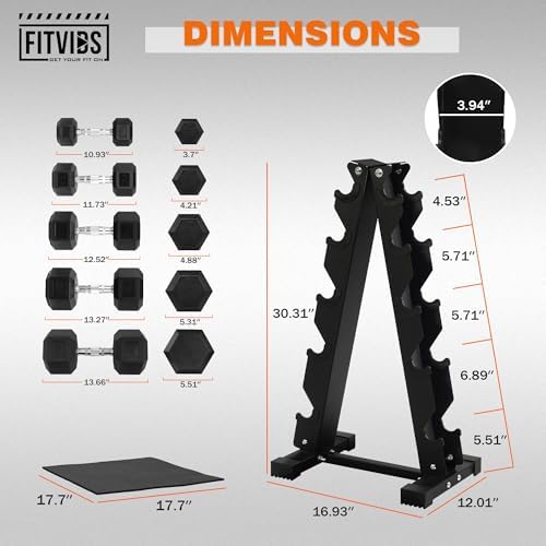 Fitvids Rubber Coated Hex Dumbbell Weight Set for Home Gym, 150LB Set, 5-25 Lbs Pairs, Portable Storage Included Fitvi