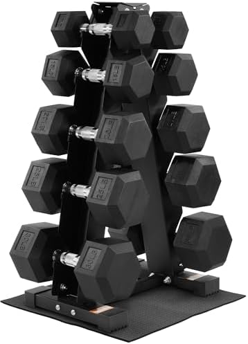 Fitvids Rubber Coated Hex Dumbbell Weight Set for Home Gym, 150LB Set, 5-25 Lbs Pairs, Portable Storage Included Fitvi