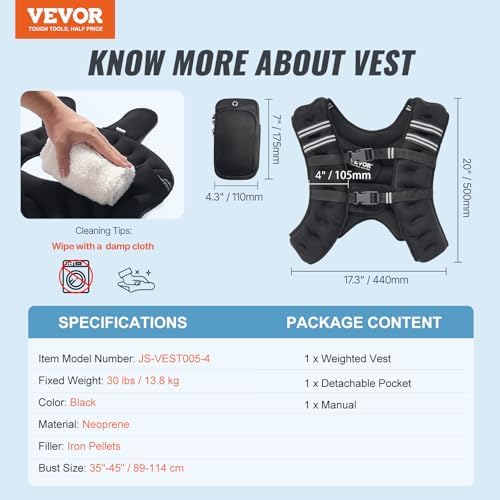 VEVOR Weighted Vest for Strength Training and Weight Loss, Reflective Stripe, Adjustable Buckle, 12/16/20/30 lbs