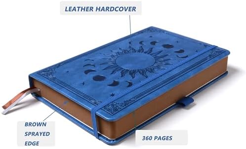 Classic Lined Writing Daily Journal for Men & Women - 360 Pages Hardcover Notebook with Vintage Sun & Moon Design, Blue