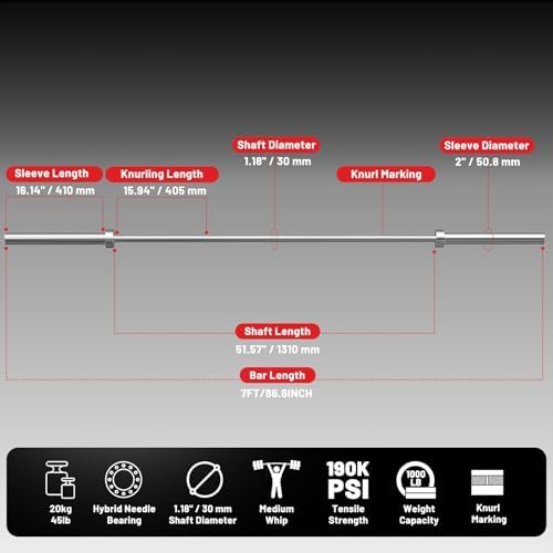 Papababe Olympic Barbell 45lb Weight Bar for Strength Training and Gym Use with 1000lb Weight Capacity Chrome/Zinc Plati