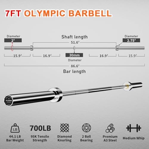 Olympic Barbell 7ft 45LB for Weightlifting Powerlifting, Home Gym Strength Training, Squats Deadlifts Presses Rows Curls