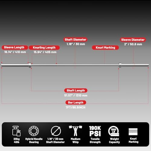 Papababe Olympic Barbell 45lb Weight Bar for Strength Training and Gym Use with 1000lb Weight Capacity Chrome/Zinc Plati