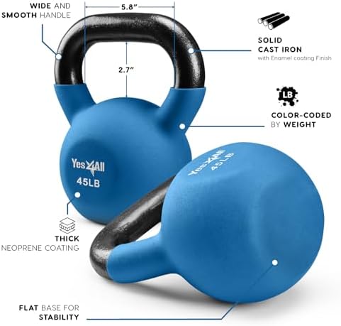 Yes4All Kettlebell - 35 LB Neoprene Coated Cast Iron Kettlebell for Home Gym, Wide Grip Handle & Flat Bottom for Swings