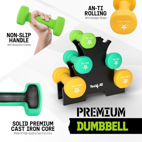 Yes4All Neoprene Coated Dumbbell Hand Weight Sets of 2 - Multiple Weight Options for Home Gym Fitness Users - Anti-Roll,