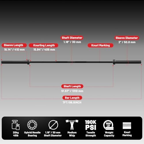 Papababe Olympic Barbell 45lb Weight Bar for Strength Training and Gym Use with 1000lb Weight Capacity Chrome/Zinc Plati