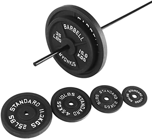 Fitvids Cast Iron Weight Plates 1" Standard Including Barbell Bar & Star Locks 95 Pounds Set