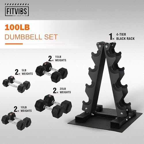 Fitvids Rubber Coated Hex Dumbbell Weight Sets for Home Gym, 100LBS Set with Storage Rack Fitvids Rubber Coated Hex Du