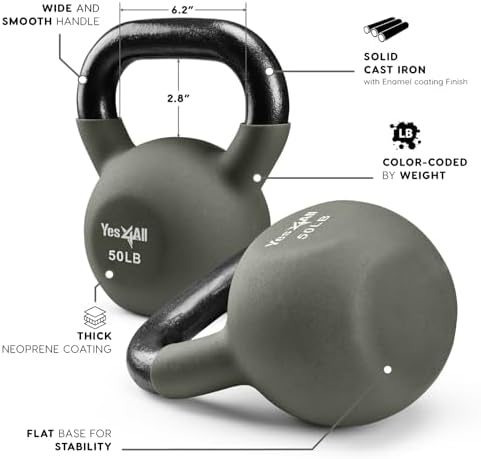 Yes4All Kettlebell - 35 LB Neoprene Coated Cast Iron Kettlebell for Home Gym, Wide Grip Handle & Flat Bottom for Swings