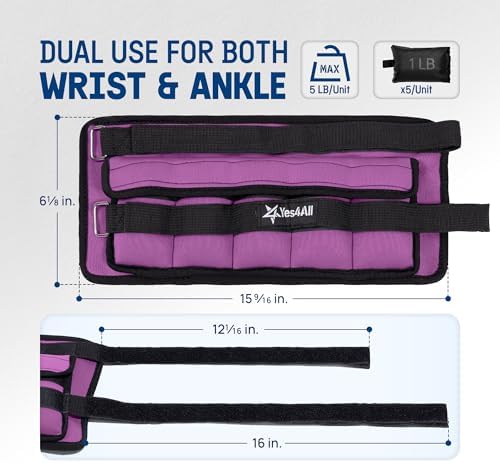 Yes4All Adjustable Wrist & Ankle Weights - Fitness & Strength Training for Women & Men, Versatile Colors - |5 LB Pair, P