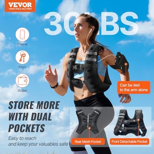 VEVOR Weighted Vest for Strength Training and Weight Loss, Reflective Stripe, Adjustable Buckle, 12/16/20/30 lbs