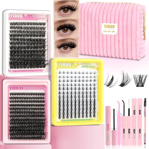 40D/60D Volume C/D Curl Lash Clusters Kit for Eyelash Extensions, Portable Makeup Bag with Lash Bond and Seal, 10-18mm