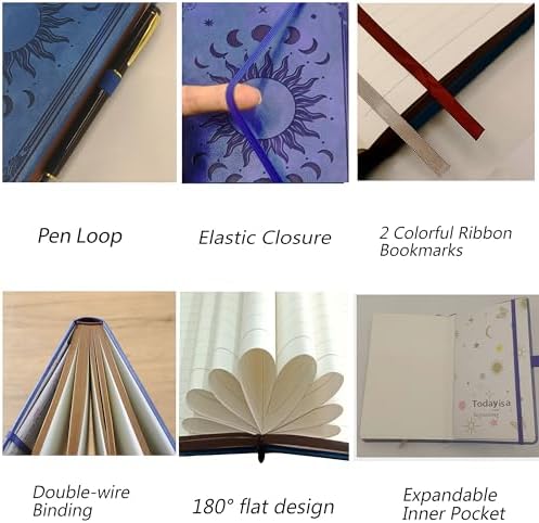 Classic Lined Writing Daily Journal for Men & Women - 360 Pages Hardcover Notebook with Vintage Sun & Moon Design, Blue