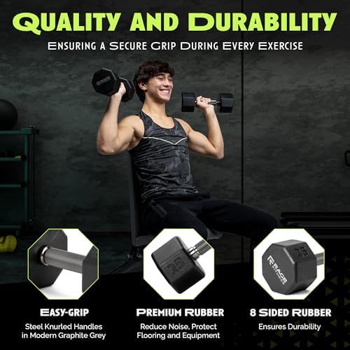 Rubber Coated Dumbbells No Roll Design Easy Grip 10-60 LBS for Strength Training Home Gym