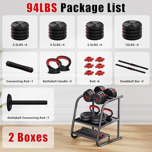 Adjustable Dumbbells 55/77LBS Home Gym Fit for Men Women Fitness Exercise Adjustable Dumbbells 4 in 1 Set Barbell Kett