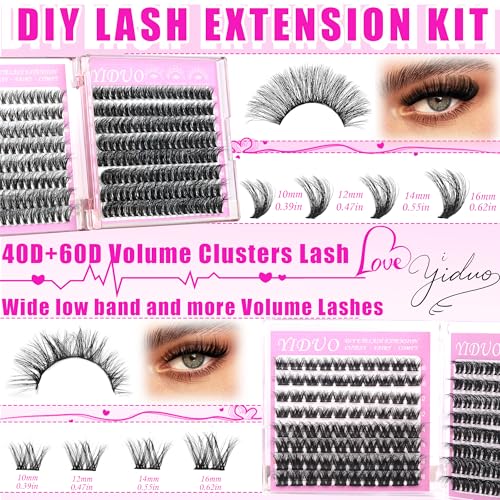 40D/60D Volume C/D Curl Lash Clusters Kit for Eyelash Extensions, Portable Makeup Bag with Lash Bond and Seal, 10-18mm