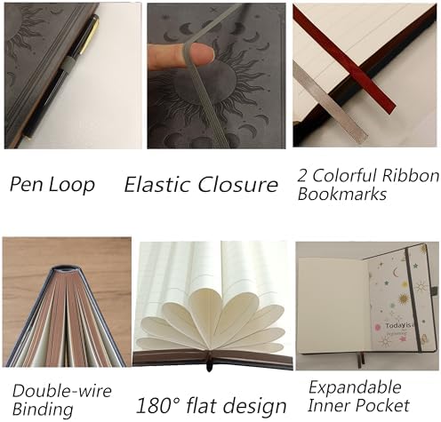 Classic Lined Writing Daily Journal for Men & Women - 360 Pages Hardcover Notebook with Vintage Sun & Moon Design, Blue