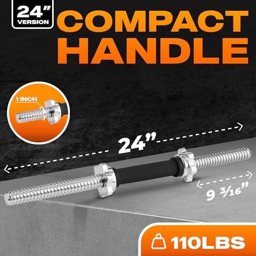 Yes4All Chrome/Rubber Grip Dumbbell Handles, 14/16/18/24 Inch, For 1" / 1.15" Plates, Weight Bar Connector, Home Gym Fi