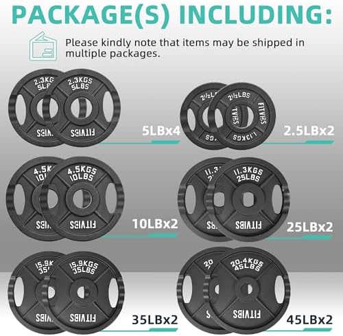 Fitvids Olympic Cast Iron Weight Plates 255 Pounds Set for Strength Training & Weightlifting, 2-Inch Spindle, Multiple P