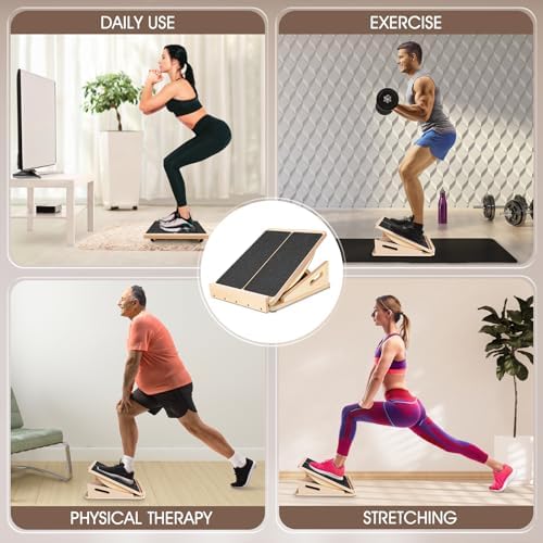 2-in-1 Professional Wooden Balance Board & Slant Board, Adjustable Incline Board and Calf Stretcher, Stretch Board for A