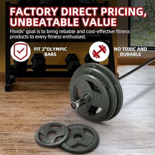 Fitvids Cast Iron Weight Plates 2-Inch Olympic Size for Strength Training & Weightlifting, Multiple Weights Available