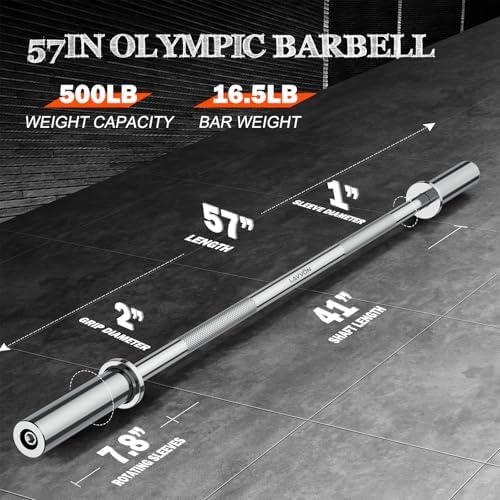 Olympic Barbell 57" for Weight Lifting Home Gym Bench Press Squats Home Workout 2 Spring Collars 500lb Capacity