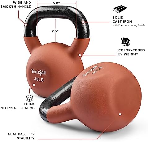 Yes4All Kettlebell - 35 LB Neoprene Coated Cast Iron Kettlebell for Home Gym, Wide Grip Handle & Flat Bottom for Swings