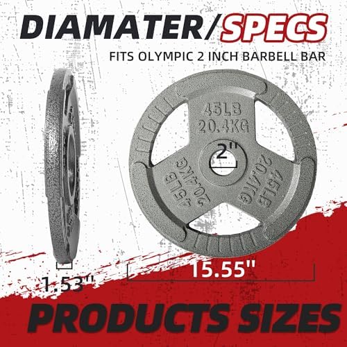 Fitvids Cast Iron Weight Plates 2-Inch Olympic Size for Strength Training & Weightlifting, Multiple Weights Available
