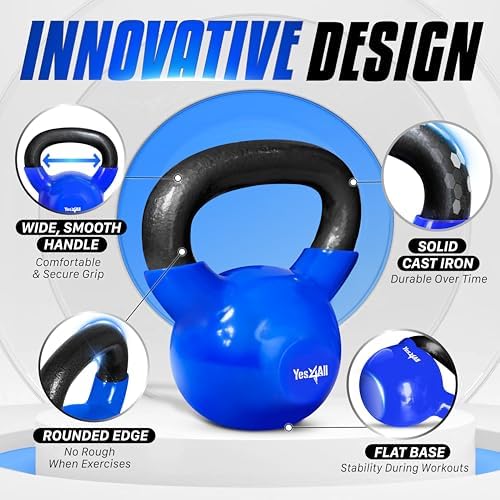 Yes4All Kettlebell, Stable Flat Bottom Kettlebell, Cast Iron Sets for Full Body Workout, Push Up, Grip Strength Training