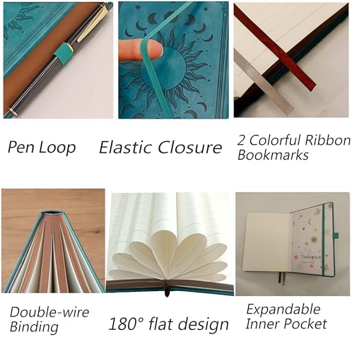 Classic Lined Writing Daily Journal for Men & Women - 360 Pages Hardcover Notebook with Vintage Sun & Moon Design, Blue