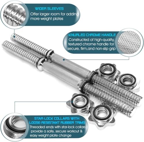 Yes4All Chrome/Rubber Grip Dumbbell Handles, 14/16/18/24 Inch, For 1" / 1.15" Plates, Weight Bar Connector, Home Gym Fi