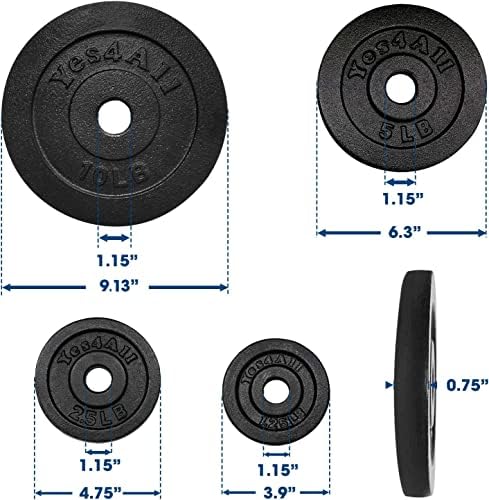 Yes4All 1.15 Inch Cast Iron Weight Plate - Strength Training & Weightlifting for Home Gyms, Dumbbell Sets, Durable & Lon