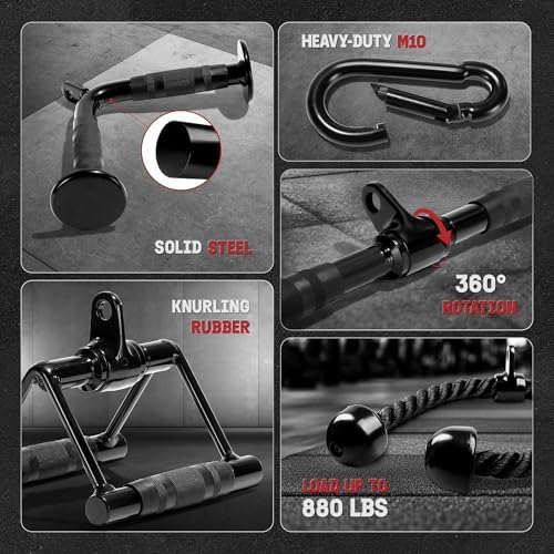 Yes4All Cable Machine Attachment Row Handles Tricep Rope Straight Bar V Bar LAT Pulldown Accessories 880 LB Load for Ho