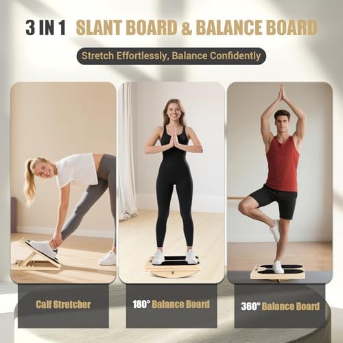 3-in-1 Slant Board & 180°/360° Balance Board, Portable 6 Angle Adjustable Calf Stretcher, Anti-Slip 300LBS Wobble Board