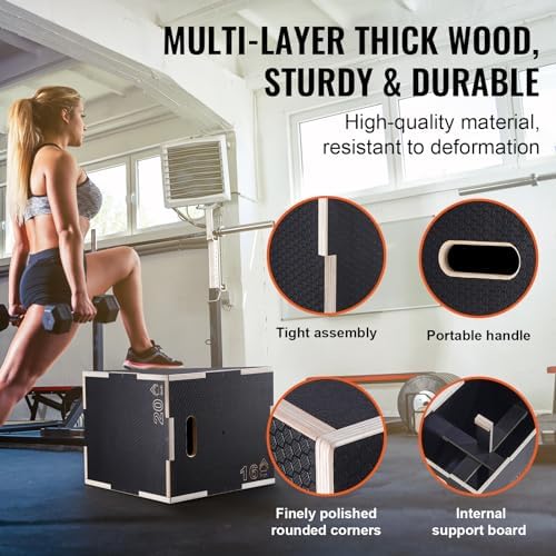 VEVOR 3 in 1 Plyometric Jump Box for Home Gym Training and Conditioning, Easy-to-Assemble Wood Plyo Box, Jumping Trainer