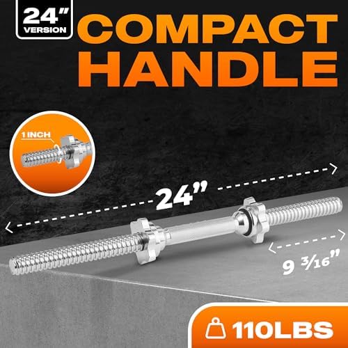 Yes4All Chrome/Rubber Grip Dumbbell Handles, 14/16/18/24 Inch, For 1" / 1.15" Plates, Weight Bar Connector, Home Gym Fi